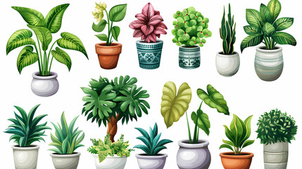 Obraz premium Set of different plants in pots isolated on white background illustration