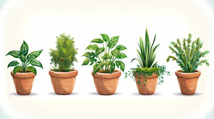Obraz premium Set of different plants in pots isolated on white background illustration