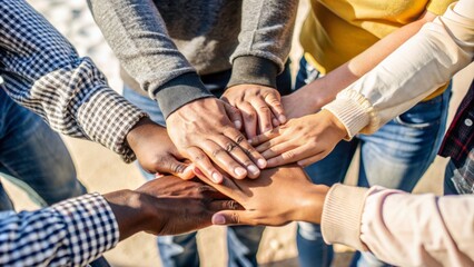Interlaced hands of diverse skin tones form a strong, united foundation in a natural outdoor setting, conveying partnership, trust, and collective success.,hd 8k