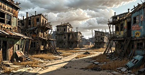 Fototapeta premium abandoned post apocalyptic urban city town house ruins. empty aged old building exterior derelict. decayed skyscraper apartment buildings wasteland desert.