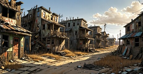 Fototapeta premium abandoned post apocalyptic urban city town house ruins. empty aged old building exterior derelict. decayed skyscraper apartment buildings wasteland desert.