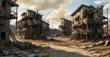Fototapeta premium abandoned post apocalyptic urban city town house ruins. empty aged old building exterior derelict. decayed skyscraper apartment buildings wasteland desert.