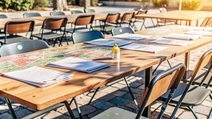 Empty picnic tables scatterered with maps and documents, surrounded by empty chairs, conveying a sense of community planning and collaboration, with blurred background and ample copy space.,hd 8k