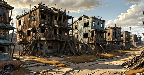 Fototapeta premium abandoned post apocalyptic urban city town house ruins. empty aged old building exterior derelict. decayed skyscraper apartment buildings wasteland desert.