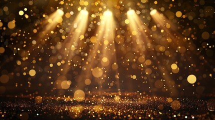 Naklejka premium Gold lights rays scene background, bokeh effect, presentation concept