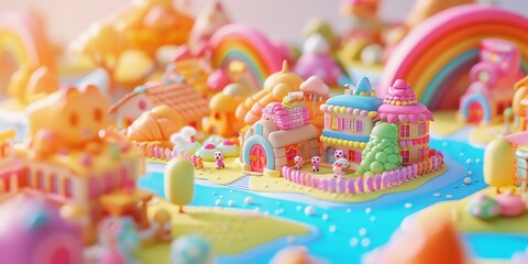 Fototapeta premium Tiny cute isometric A beautiful rainbow village morning scene. Sunlight shines on the golden wheat field and dozens of small animals are busy. Describe the rainbow village morning scene