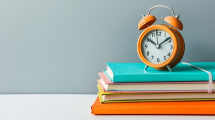 Vintage Alarm Clock on Stack of Books with Light Grey Background