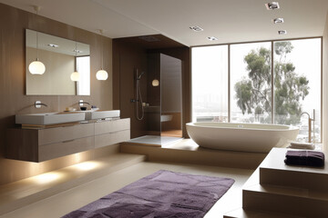 Fototapeta premium Modern bathroom with a large mirror and stylish decor