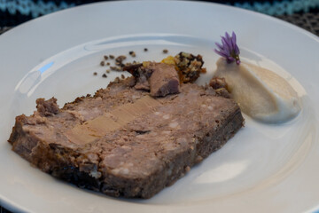 Terrine foie gras fat liver specialty food product made of liver of a duck or goose fattened by force feeding, served in French restaurant in Perigoed, Dordogne, close up