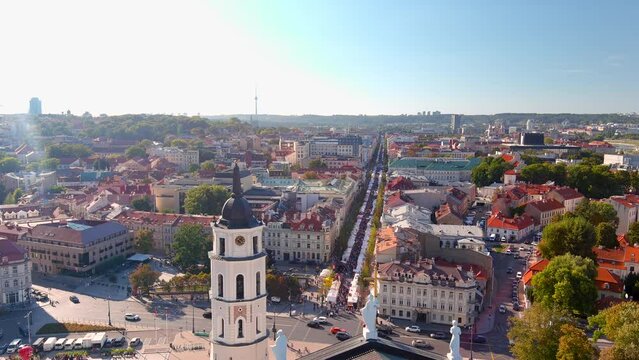 Aerial view of annual Nations Fair, where masters from the national communities of Lithuania present their arts, crafts, national customs and traditions. Vilnius Old town, Lithuania.
