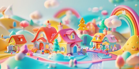 
Tiny cute isometric A beautiful rainbow village morning scene. Sunlight shines on the golden wheat field and dozens of small animals are busy. Describe the rainbow village morning scene