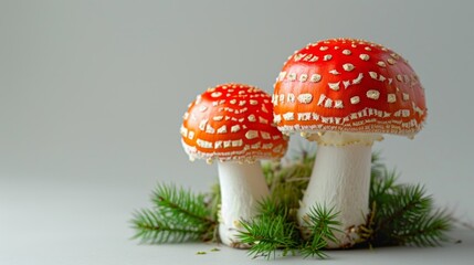 Obraz premium Two Bright Red Fly Agaric Mushrooms with Pine Needles on Gray Background