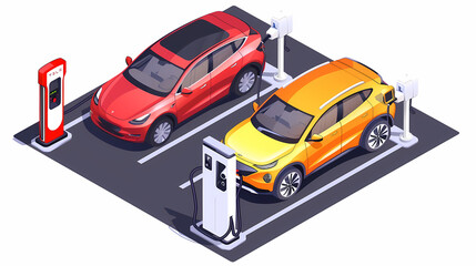 omparing electric car versus gasoline diesel car suv. Electric vehicle charging at charger stand vs. fossil car refueling petrol gas station.