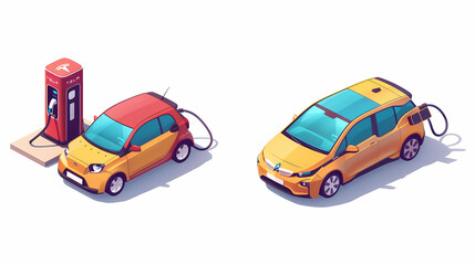 Naklejka premium omparing electric car versus gasoline diesel car suv. Electric vehicle charging at charger stand vs. fossil car refueling petrol gas station.