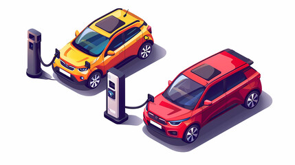 Naklejka premium omparing electric car versus gasoline diesel car suv. Electric vehicle charging at charger stand vs. fossil car refueling petrol gas station.