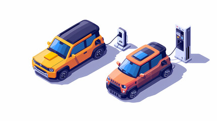 Naklejka premium omparing electric car versus gasoline diesel car suv. Electric vehicle charging at charger stand vs. fossil car refueling petrol gas station.