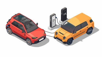 Naklejka premium omparing electric car versus gasoline diesel car suv. Electric vehicle charging at charger stand vs. fossil car refueling petrol gas station.