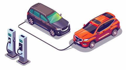 omparing electric car versus gasoline diesel car suv. Electric vehicle charging at charger stand vs. fossil car refueling petrol gas station.