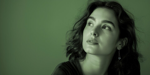 Thoughtful woman portrait on green background, a natural portrait of a woman expressing thoughtful