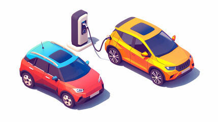 omparing electric car versus gasoline diesel car suv. Electric vehicle charging at charger stand vs. fossil car refueling petrol gas station.