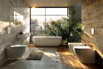 Fototapeta premium Modern bathroom with a large mirror and stylish decor