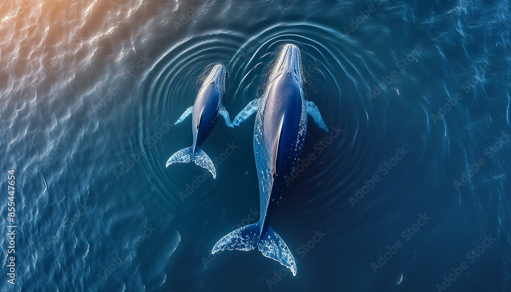 Wall mural an aerial view of a blue whale and its calf swimming side by side in the open ocean, w of a blue wha - Wall murals