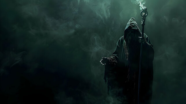 A dark sorcerer with a staff of shadows