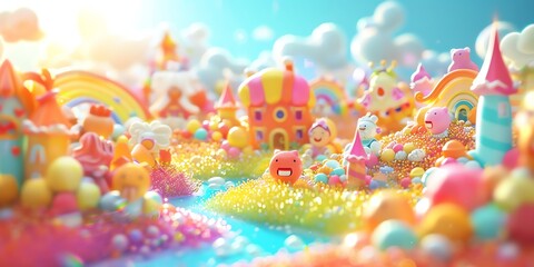 Tiny cute isometric A beautiful rainbow village morning scene. Sunlight shines on the golden wheat field and dozens of small animals are busy. Describe the rainbow village morning scene