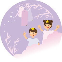 七夕飾りと星の子供たちのかわいいイラスト素材