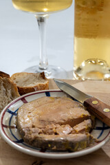 Foie gras fat liver specialty food product made of liver of a duck or goose fattened by force feeding, served in French restaurant in Perigoed, Dordogne, close up