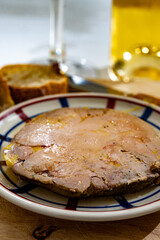Foie gras fat liver specialty food product made of liver of a duck or goose fattened by force feeding, served in French restaurant in Perigoed, Dordogne, close up