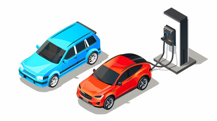 omparing electric car versus gasoline diesel car suv. Electric vehicle charging at charger stand vs. fossil car refueling petrol gas station.