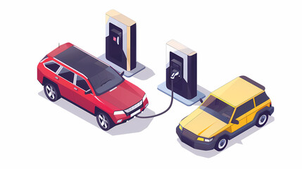omparing electric car versus gasoline diesel car suv. Electric vehicle charging at charger stand vs. fossil car refueling petrol gas station.