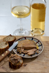 Foie gras fat liver specialty food product made of liver of a duck or goose fattened by force feeding, served in French restaurant in Perigoed, Dordogne, close up