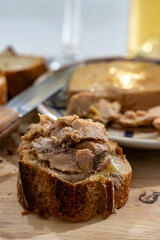 Foie gras fat liver specialty food product made of liver of a duck or goose fattened by gavage, force feeding, served in French restaurant in Perigoed, Dordogne, close up