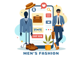 Men's Fashion Show Vector Illustration featuring Male Models Displaying Clothes on the Runway in Modern Trendy Outfits in a Flat Cartoon Background