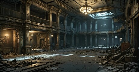 abandoned gothic palace house mansion building interior. post apocalyptic old castle ruins. large empty room with rubble, junk, and debris.
