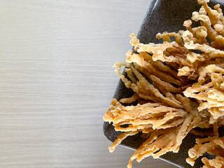 Enoki Mushroom With Crispy Fried Flour. Copy Space.
