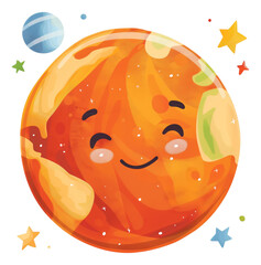 Smiling orange planet surrounded by stars in outer space isolated on transparent background.