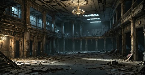 abandoned gothic palace house mansion building interior. post apocalyptic old castle ruins. large empty room with rubble, junk, and debris.