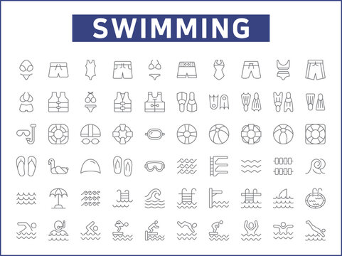 Set of swimming and pool Icons line style. Contains such Icons as diving, summer, beach activity, swimsuit, bikini, trunks, swimming cap, glasses, flippers, swim And Other Elements.