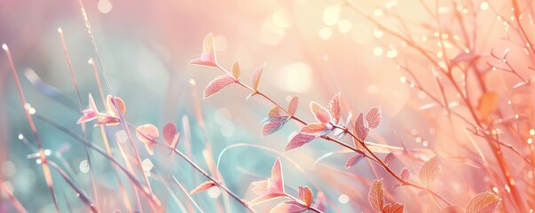 Beautiful pastel-colored abstract nature background with delicate flowers and soft bokeh lights, creating a serene and dreamy atmosphere.