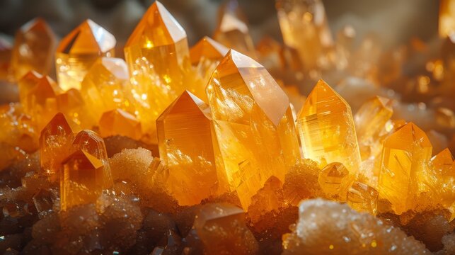 Cluster of orange citrine crystals with sparkling facets, macro photography. Natural mineral and gemstone concept