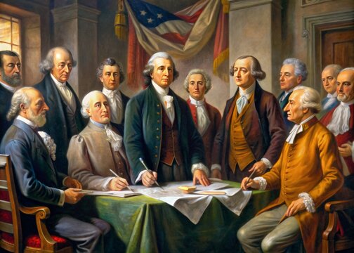 banner concept featuring a digital illustration of the founding fathers signing the declaration of independence