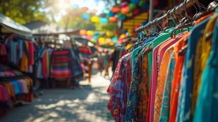 Obraz premium Vibrant Outdoor Market with Colorful Clothing and Lanterns