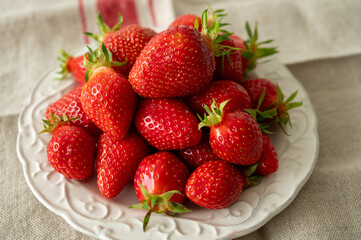 Plate with french organic red ripe sweet strawberries Fraises de Plougastel, harvested in France