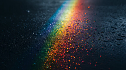 The luminous spectrum of the rainbow on black background, very small and blurry in center of frame, textured and grainy