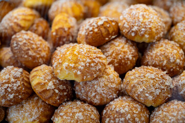 Chouquettes or petits choux are small pieces of French patisserie consisting of small spheres of choux pastry, sugared and baked, Bordeaux, France