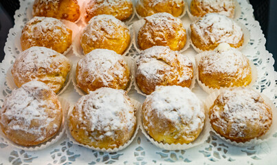 Chouquettes or petits choux are small pieces of French patisserie consisting of small spheres of choux pastry, sugared and baked, Bordeaux, France