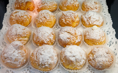 Chouquettes or petits choux are small pieces of French patisserie consisting of small spheres of choux pastry, sugared and baked, Bordeaux, France